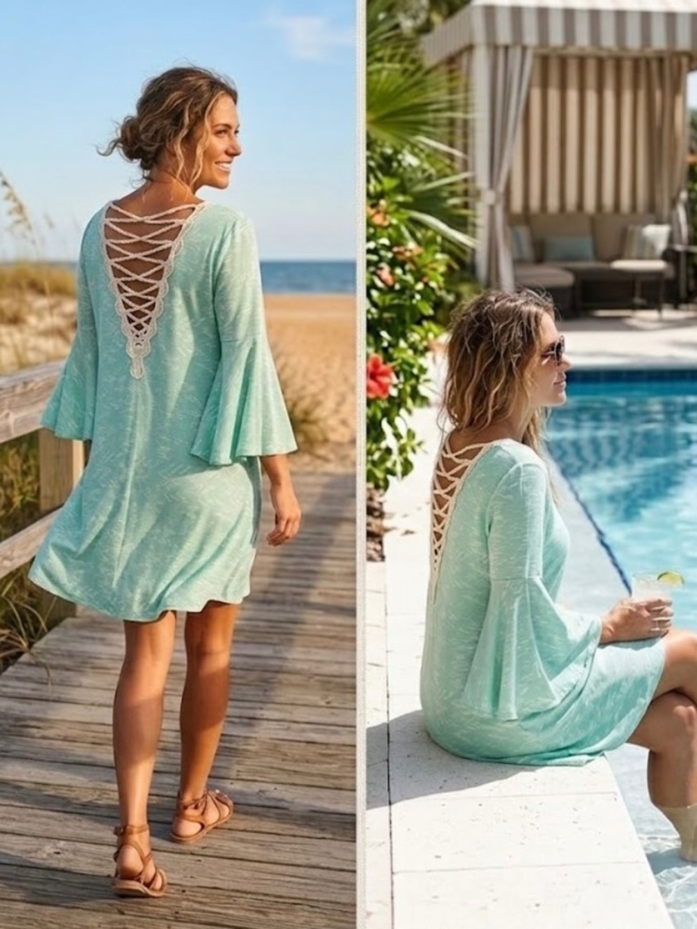 Entro Mint Green Geo Flare Sleeve Macrame Open-Back Dress | Size S | NWT
